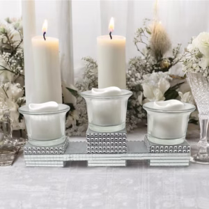 Silver candle holder adorned with mirror tiles and rhinestone wrap